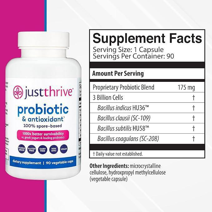 Just Thrive Probiotic & Antioxidant -100% Spore-Based | 1000x Better Survivability | Gut Health, Immune Support | 90 Veggie Caps