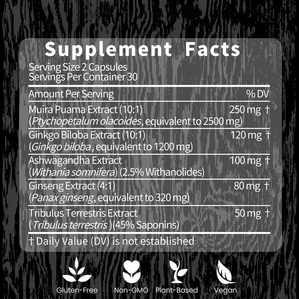 Potency Wood Male Vitality Supplement | Muira Puama, Ginkgo Biloba & Ginseng | 60 Vegetarian Capsules | Made in USA by YFSup