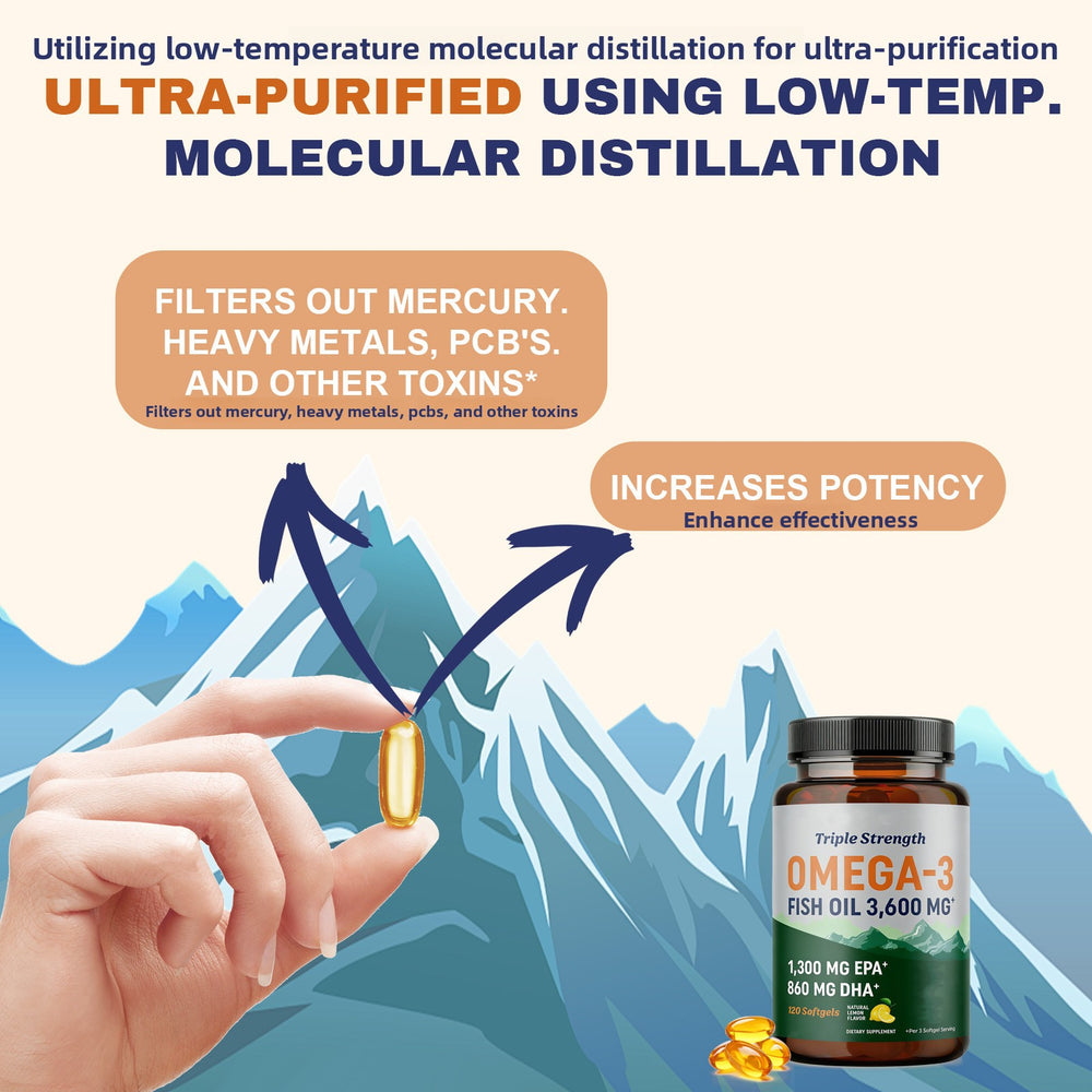 Triple Strength Omega-3 Fish Oil 3,600mg - 1300mg EPA & 860mg DHA, 120 Lemon Softgels | Organic Wellness Hub