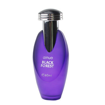 A 60ml bottle of ainuo Black Forest perfume, featuring a translucent purple body and a shiny silver metallic cap, set against a plain white background.