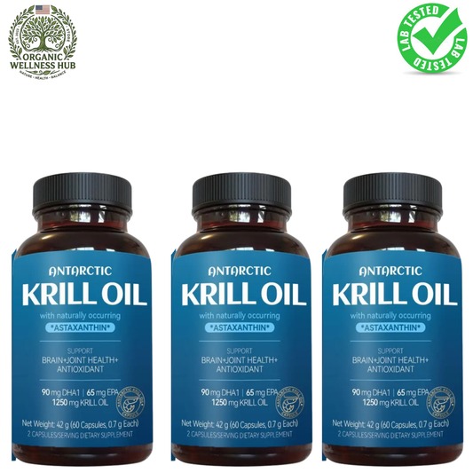 Antarctic Krill Oil 1250mg 3-Pack Bundle + Astaxanthin | 90-Day Supply | Brain, Joint & Antioxidant | Organic Wellness Hub