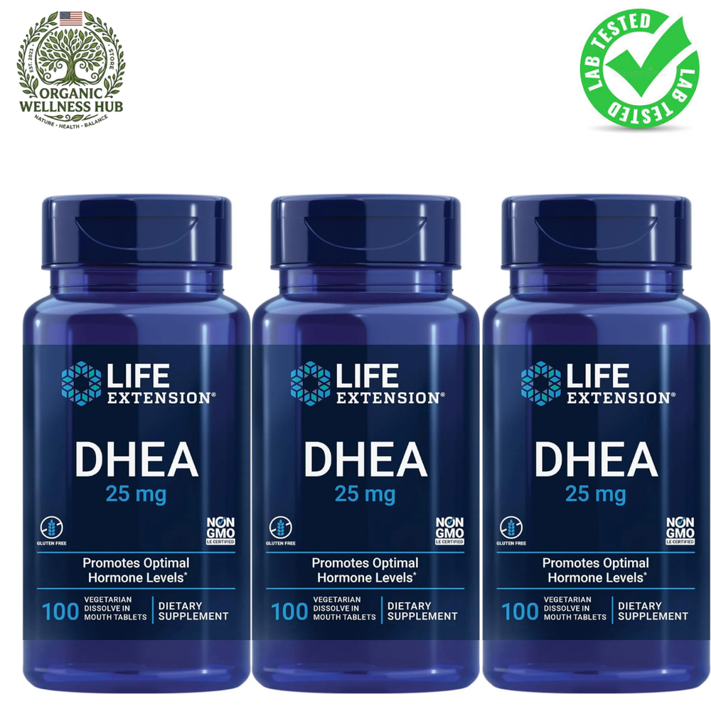 Life Extension DHEA 25mg 3-Pack, Promotes Optimal Hormone Levels, 300 Dissolve-in-Mouth Tablets - Organic Wellness Hub