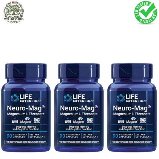 Life Extension Neuro-Mag Magnesium L-Threonate 90 Vegetarian Capsules (3 Bottles) | Brain & Memory Support | Organic Wellness Hub