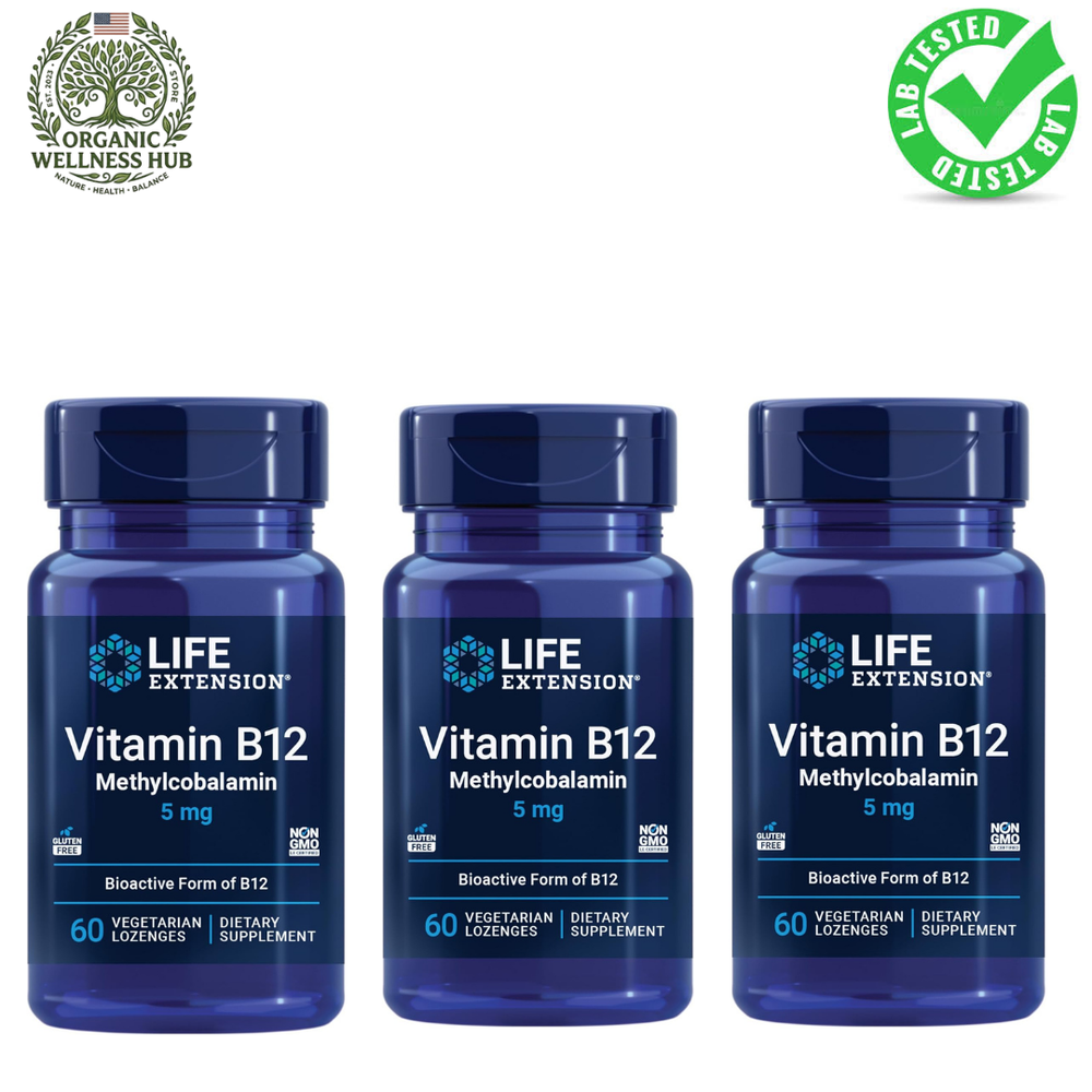 Life Extension Vitamin B12 Methylcobalamin 5mg - 60 Vegetarian Lozenges (Pack of 3) | Bioactive B12 Supplement - Organic Wellness Hub