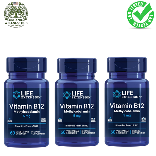 Life Extension Vitamin B12 Methylcobalamin 5mg - 60 Vegetarian Lozenges (Pack of 3) | Bioactive B12 Supplement - Organic Wellness Hub