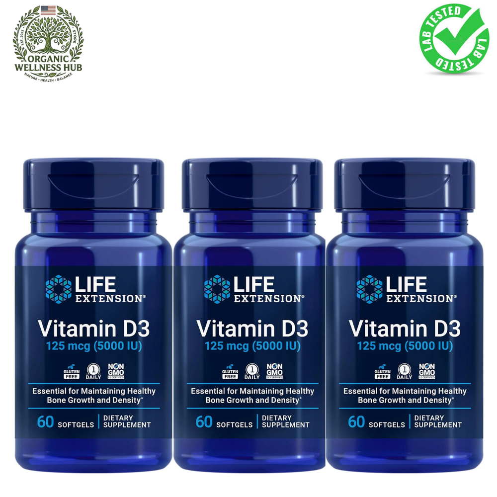 Life Extension Vitamin D3 125 mcg (5000 IU) - 60 Softgels (Pack of 3) | Bone Health & Immune Support - Organic Wellness Hub