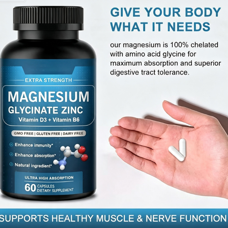 Magnesium Glycinate Zinc with Vitamin D3 & B6 - 60 Capsules | Organic Wellness Hub