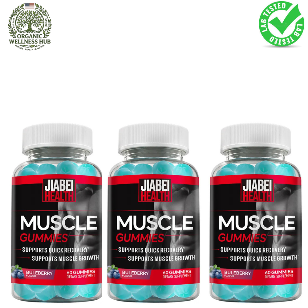 Muscle Gummies 3 Pack Blueberry Flavor 180 Gummies Total Lab Tested Quality Organic Wellness Hub