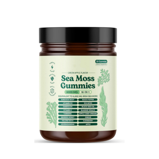 Organic Sea Moss Gummies 6000mg | 16-in-1 Irish Sea Moss Complex with Burdock Root, Bladderwrack & Vitamin D3 | Green Apple | 30 Count - Organic Wellness Hub