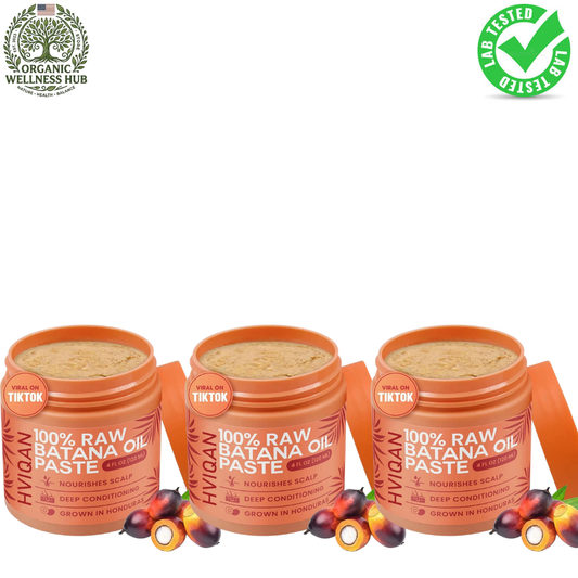 Three jars of Hvygan 100% Raw Batana Oil Paste on a white background, decorated with fresh jackfruit and a green 'Organic Wellness Hub' logo in the top left and a green 'TikTok Verified' badge in the top right.