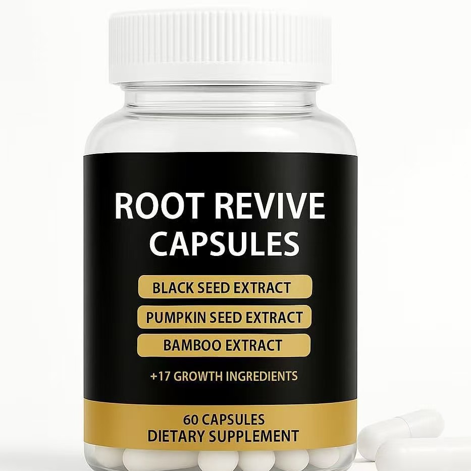 A clear plastic bottle of Root Revive Capsules with a white ribbed cap and a black label featuring gold and white text. The label lists black seed extract, pumpkin seed extract, and bamboo extract, with '60 CAPSULES' at the bottom.