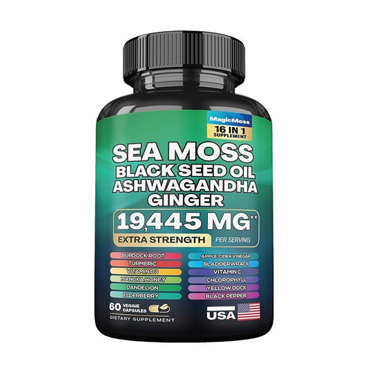 Sea Moss Black Seed Oil Ashwagandha Ginger Capsules 19,445mg - 16-in-1 Wellness Formula | Organic Wellness Hub
