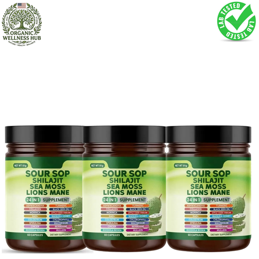 Sour Sop Shilajit Sea Moss Lions Mane 3-Pack Bundle | 24-in-1 Organic Supplement | 180 Capsules | Best Value | Organic Wellness Hub