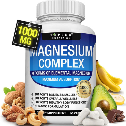 Toplux Magnesium Complex 1000mg | 8 Forms | 90 Capsules | Max Absorption | Bones Muscles Sleep & Stress | Lab Tested - Organic Wellness Hub