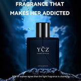 Perfume bottle with text 'Fragrance that makes her addicted' on a dark background