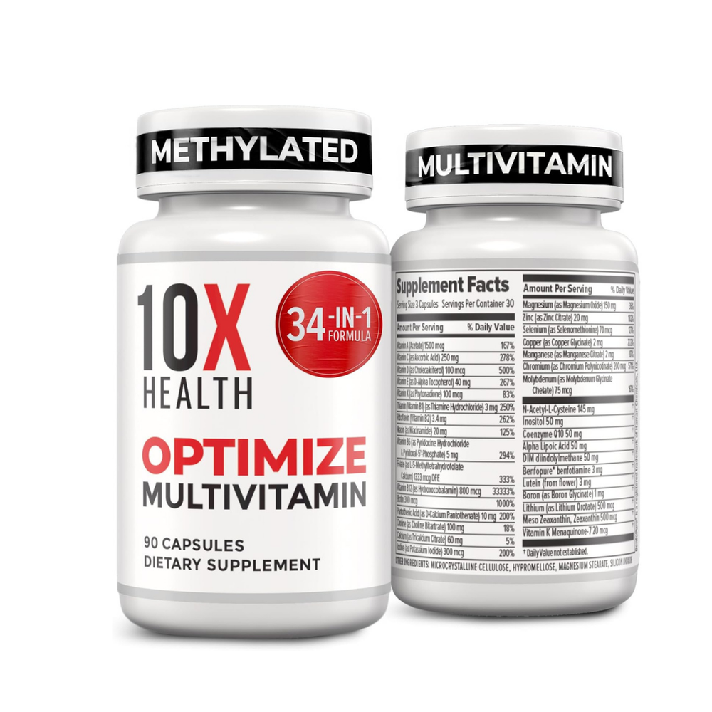3-Pack 10X Health Optimize Methylated Multivitamin | 34-in-1 Formula | 90 Capsules | Lab Tested | Organic Wellness Hub