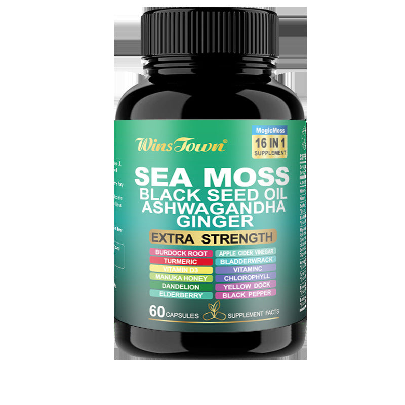 WinsTown Sea Moss 16-in-1 Supplement ? Black Seed Oil, Ashwagandha, Ginger, Burdock Root, Turmeric, Bladderwrack & More | 102+ Vitamins & Minerals | Extra Strength | 60 Capsules
