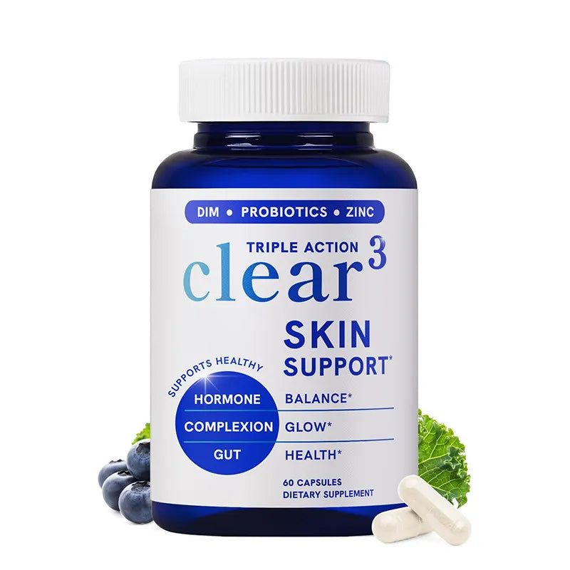 Clear³ Triple Action Skin Support Supplement 3-Pack | DIM, Probiotics & Zinc for Hormonal Acne, Gut Health & Glowing Complexion – 180 Capsules | Organic Wellness Hub