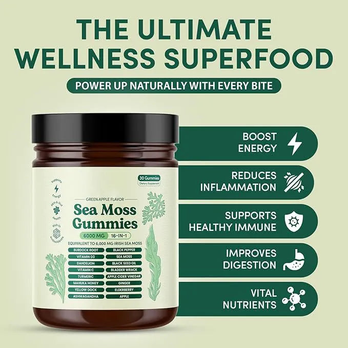 Organic Sea Moss Gummies 6000mg | 16-in-1 Irish Sea Moss Complex with Burdock Root, Bladderwrack & Vitamin D3 | Green Apple | 30 Count - Organic Wellness Hub