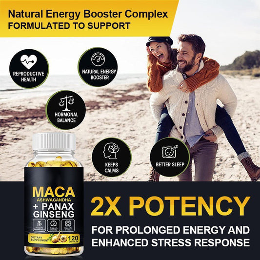 Maca Ashwagandha Panax Ginseng Capsules 120 Count -Energy, Stamina & Focus Support | Organic Wellness Hub