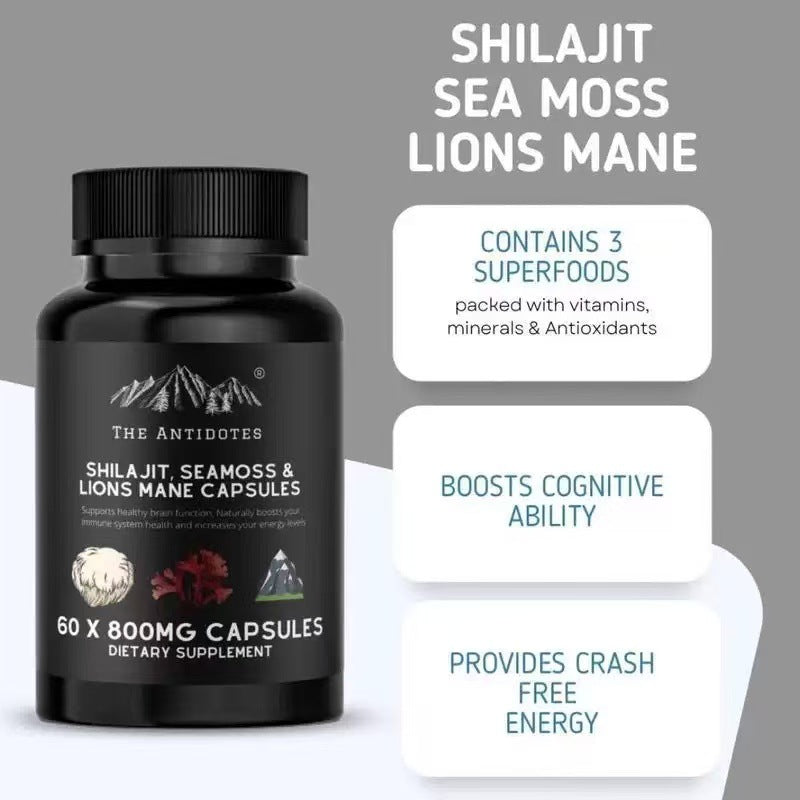 Shilajit Sea Moss & Lion's Mane Capsules 800mg - Brain, Energy & Daily Wellness Support | 60 Capsules | Organic Wellness Hub