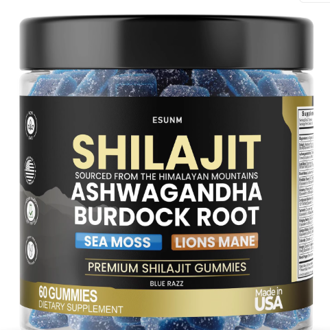 Shilajit Gummies with Ashwagandha, Sea Moss, Lion Mane & Burdock Root - Blue Razz 60 Gummies | Organic Wellness Hub