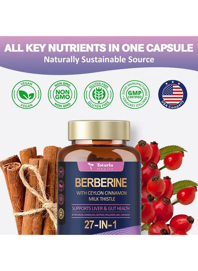 Totaria Health Berberine 27-in-1 with Ceylon Cinnamon & Milk Thistle – Liver & Gut Health Support | 120 Capsules | Organic Wellness Hub