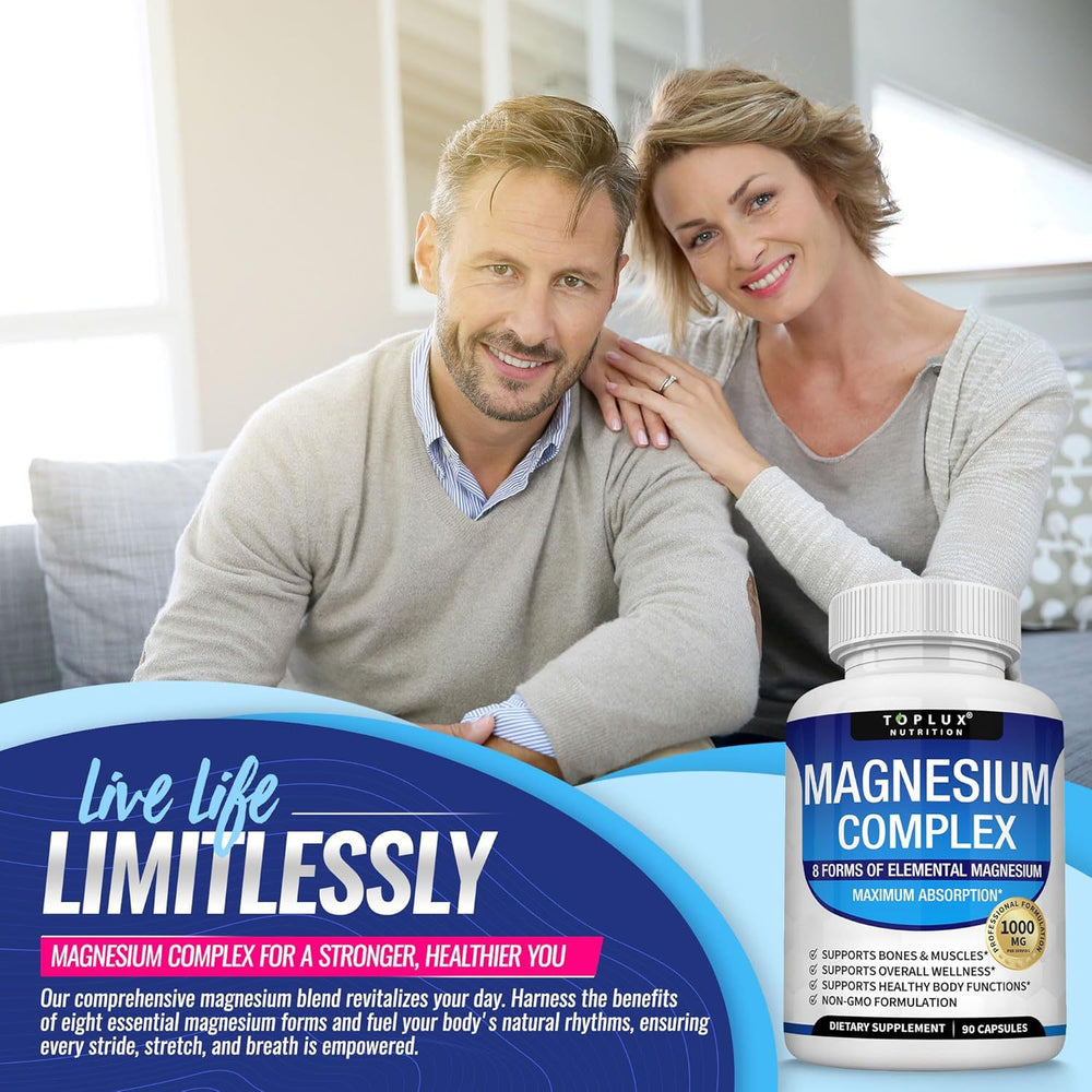 Toplux Magnesium Complex 1000mg | 8 Forms | 90 Capsules | Max Absorption | Bones Muscles Sleep & Stress | Lab Tested - Organic Wellness Hub