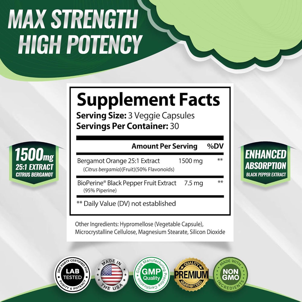 Citrus Bergamot 1500mg | 25:1 Extract with BioPerine� | Antioxidant & Immune Support | 90 Capsules - Toplux Nutrition