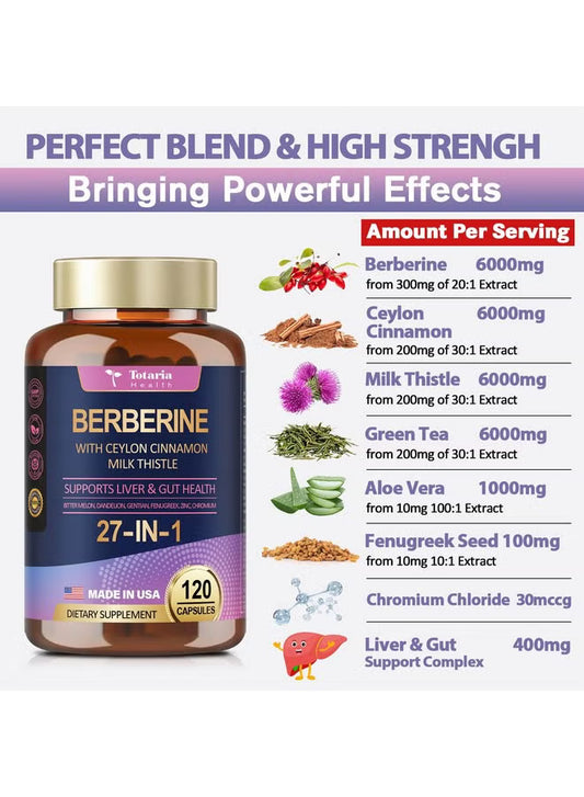 Totaria Health Berberine 27-in-1 with Ceylon Cinnamon & Milk Thistle – Liver & Gut Health Support | 120 Capsules | Organic Wellness Hub