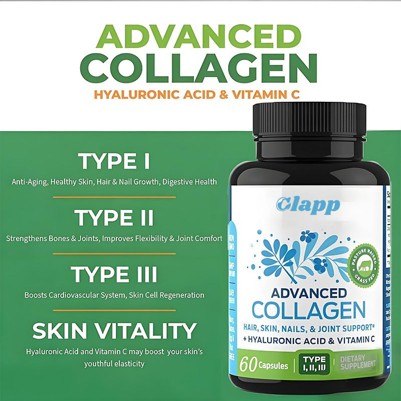 Advanced Collagen Capsules Type I II III | Hair, Skin, Nails & Joint Support | Hyaluronic Acid + Vitamin C | Grass-Fed, Pasture-Raised | Lab Tested | 60 Capsules - Organic Wellness Hub