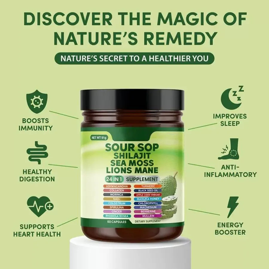 Sour Sop Shilajit Sea Moss Lions Mane 3-Pack Bundle | 24-in-1 Organic Supplement | 180 Capsules | Best Value | Organic Wellness Hub