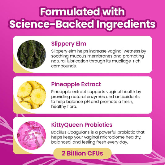 Slippery Kitty Feminine Probiotic + Moisture Gummies | pH Balance, Odor Control & Flora Support | Slippery Elm | 60 Gummies Pineapple